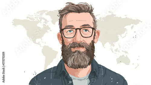 A stylized vector illustration or digital painting of a man's portrait. The man has short brown hair, a full brown beard, and is wearing glasses. He has a neutral facial expression. 