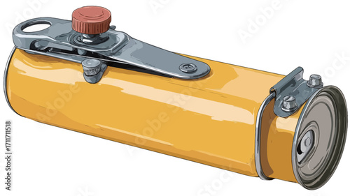 Close-up studio shot of a yellow hydraulic or pneumatic cylinder. The cylinder is cylindrical in shape with a metallic silver lever and a red circular button on top for manual operation.  The image