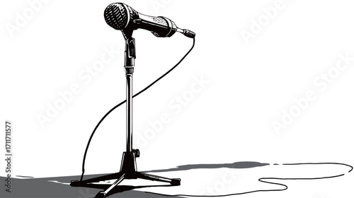A grayscale vector illustration of a microphone on a stand. The microphone is depicted in a side profile view, with a simple design. The stand is also relatively simple, featuring a tripod base.