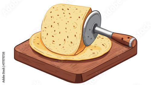 Isometric illustration of a pale yellow flatbread being sliced on a square wooden board using a metal rolling cutter with a wooden handle. The flatbread is partially sliced, showing layered texture