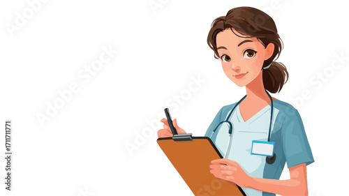 A digital illustration of a smiling young woman, likely a doctor or nurse, depicted from the chest up against a white background.  She has shoulder-length brown hair in a bun, light skin, and is