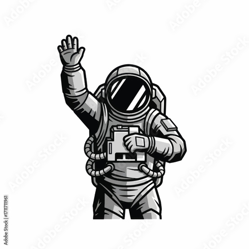 astronaut waving hand in space suit.