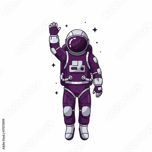 Astronaut waving hello in a purple spacesuit with stars in the background.