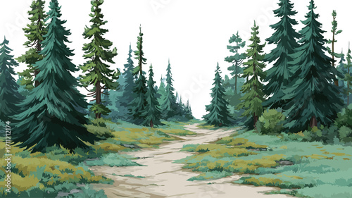 The image is a digital painting depicting a light beige dirt road winding through a dense evergreen forest.?The trees are primarily tall, dark-green conifers, suggesting a pine or spruce