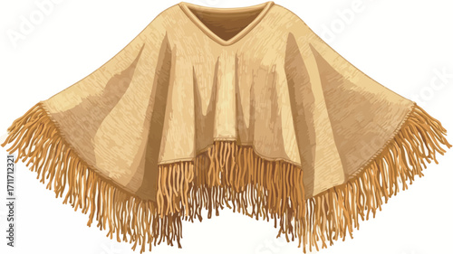 A digital illustration of a gold-colored poncho with fringe detailing along the edges. The poncho is presented against a plain white background. The image is a flat, two-dimensional representation