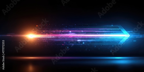 Abstract arrow, vibrant neon colors, dark background