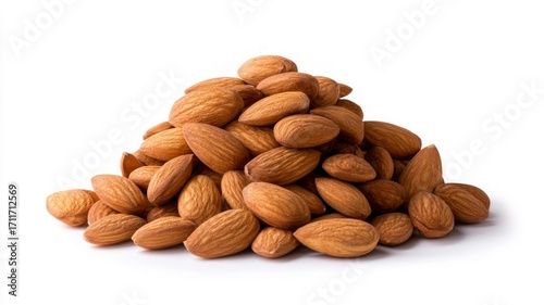 Pile of almonds on white background. AI generated