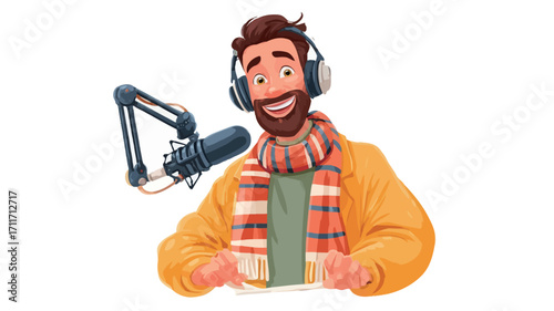 A digital illustration of a smiling man with a beard, wearing headphones and a yellow jacket and plaid scarf, sitting in front of a microphone.  The style is cartoonish and vibrant. 