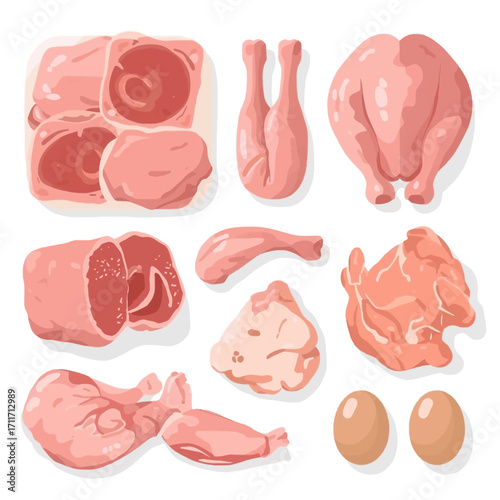 Uncooked chicken pieces, whole chickens, drumsticks, and two eggs. Suitable for food blogs, recipe websites, and cooking magazines.
