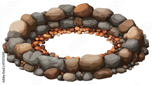 A digital illustration of a circular stone fire pit.  The fire pit is constructed of various sized and colored rocks and pebbles, ranging in shades of grey, brown, and orange. 