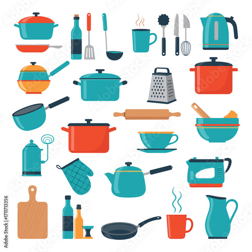 A vibrant collection of kitchenware and cooking utensils displayed in a creative pattern.
