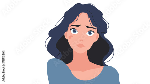 A digital illustration of a young woman with long, dark blue curly hair.  She is depicted from the shoulders up, against a plain white background. Her expression is one of pensiveness or concern;