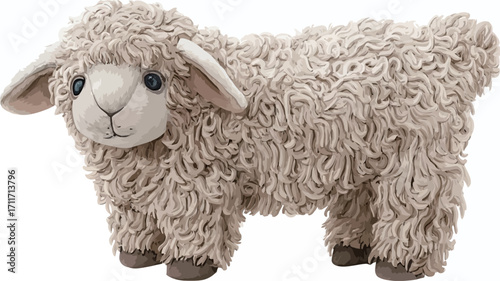 A full shot of a beige plush lamb toy. The toy is standing and facing forward.  The lamb is predominantly beige/cream colored with a slightly lighter face and inner ears. The fur is depicted as