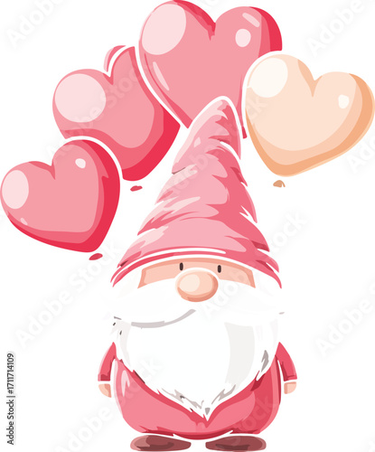 Adorable pink gnome wearing a pointy hat holding a bouquet of heart shaped balloons for valentine s day celebration