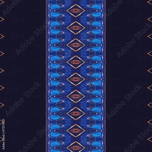 Geometric symmetry with diamond pattern, abstract kaleidoscope, seamless mandala design in vivid blue tones, ornamental art, decorative pattern texture.