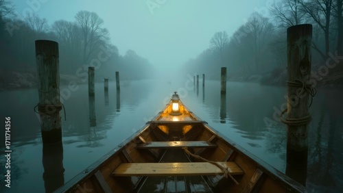 The scene of boats in the foggy river
