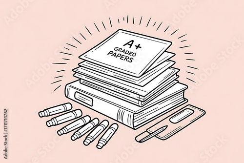 Hand Drawn Stack of Graded Papers with Pencils and Eraser Keywords: hand drawn, illustration, stack of papers, graded papers, a+ papers, book, pencils, eraser, pen, stationery, school, education