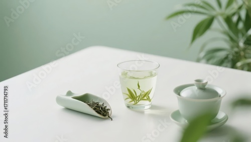 A set of fresh and elegant green tea - related utensils and tea soup show the purity and leisurely charm of green tea.
