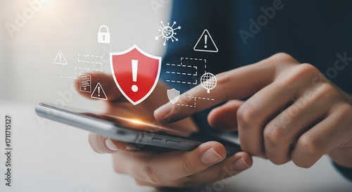 Cybersecurity Alert Person using Smartphone with red shield overlay indicating a security threat data breach or online