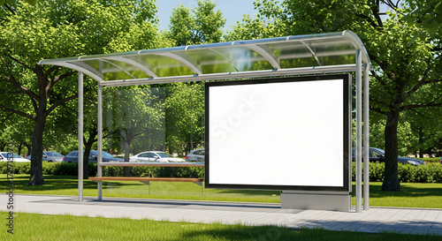 Blank Billboard at Bus Stop Shelter in Park on Sunny Day Advertisement Mockup