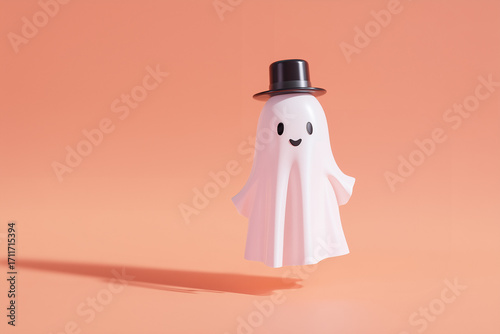 Cute 3D cartoon ghost in a hat on an orange background. Halloween-themed background with space for text. 