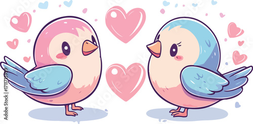 Two adorable cartoon birds one pink and one blue facing each other with hearts in the background