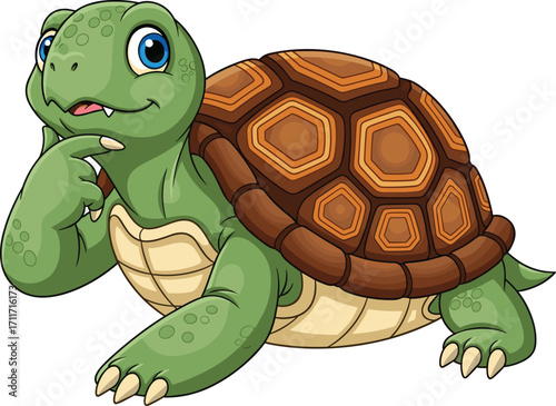 Cartoon turtle thinking, cute green turtle with brown shell, funny reptile character, smiling tortoise animal, adorable wildlife illustration, isolated vector art for kids and nature