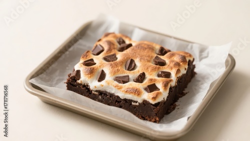 A marshmallow brownie, decorated with chocolate chunks on the surface, is placed in a metal pan lined with baking paper and looks delicious and tempting.