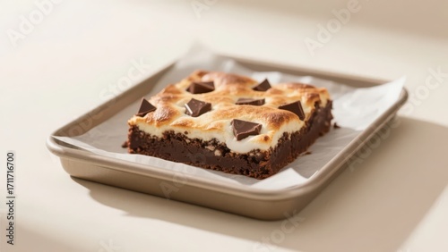 A marshmallow brownie, decorated with chocolate chunks on the surface, is placed in a metal pan lined with baking paper and looks delicious and tempting.