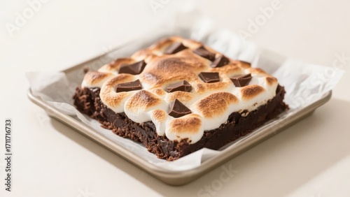 A marshmallow brownie, decorated with chocolate chunks on the surface, is placed in a metal pan lined with baking paper and looks delicious and tempting.
