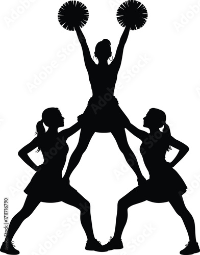 Cheerleader silhouettes, girls cheering, team spirit performance, pom poms dance, cheerleading stunt, sports energy, athletic teamwork, competition cheer squad, celebration illustration