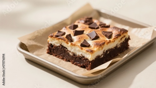 A marshmallow brownie, decorated with chocolate chunks on the surface, is placed in a metal pan lined with baking paper and looks delicious and tempting.