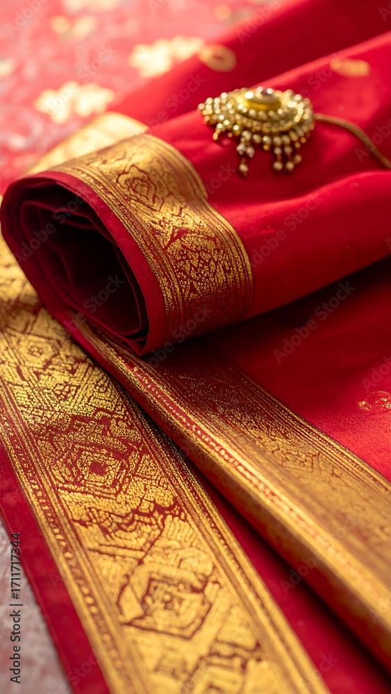 Fototapeta premium Red silk saree details