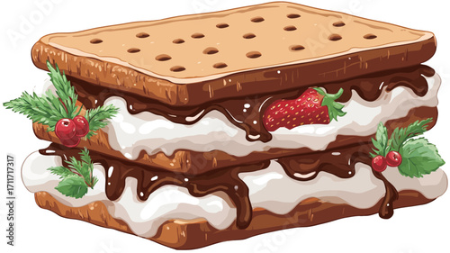 A digital illustration depicting a double-decker s'more. The s'more consists of two graham crackers sandwiching layers of marshmallow and chocolate sauce.  Fresh strawberries and holly sprigs are