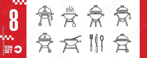 Collection of barbecue grill icons set of various bbq grills, utensils, and cooking equipment in outline style vector illustration of outdoor cooking