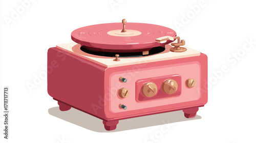 A digital illustration of a pink retro record player. The illustration style is 3D rendered, showing a low-poly or geometric aesthetic. The record player is depicted in a light pink color with