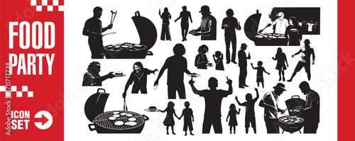 Illustration set of people having a food party, grilling and eating vector illustration of a group of people having fun at a barbecue