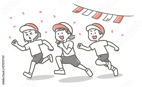 紙吹雪の中、運動会で走る子供たちのイラスト