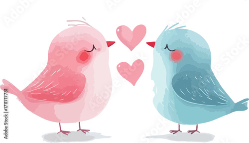 Two adorable watercolor birds in pink and blue facing each other with hearts symbolizing love and romance