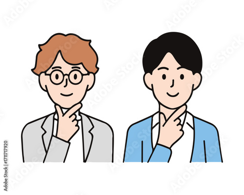 Simple vector illustration of four casual young men smiling with joy