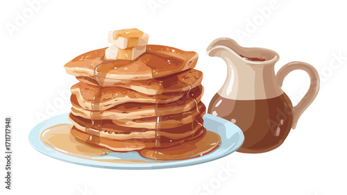 A digital illustration depicting a stack of golden-brown pancakes on a white plate.  A pat of butter sits atop the pancakes, and a small pitcher of syrup is positioned to the right.