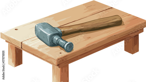 A high-angle, full shot of a small wooden workbench with a hammer and a nail on its surface. The workbench is light brown, simple in design, and has four legs.  The hammer is metallic with a wooden
