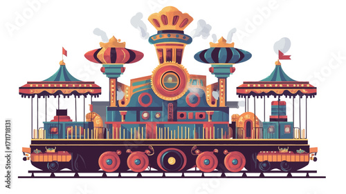 A digital illustration depicting a whimsical steampunk-style train that incorporates elements of a carousel. The train is predominantly composed of vibrant, contrasting colors. It features ornate