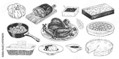 Set of thanksgiving dishes. Prepared holiday food in sketch style. Engraving illustration of  roast turkey, pecan pie, pumpkin pie, stuffing, mashed potatoes, cornbread, roast beef, cranberry sauce