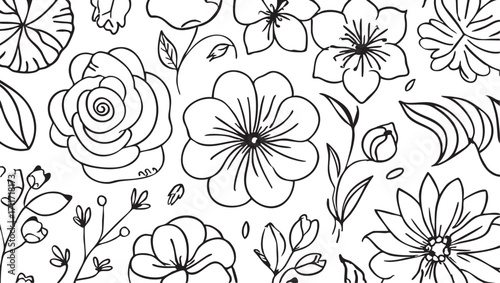 Floral vector art: black and white flower illustrations for coloring pages and designs eps silhouette