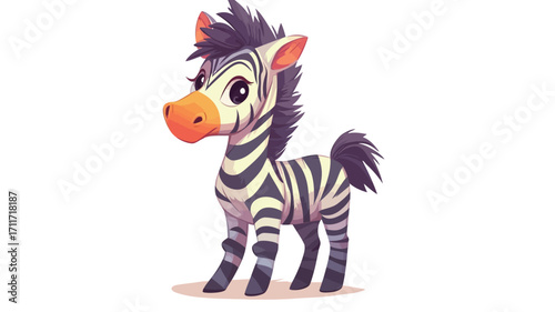 A digital illustration of a cartoon baby zebra. The zebra is depicted in a stylized, cute manner with large eyes and a fluffy mane.  Its stripes are clearly defined, and the color palette is