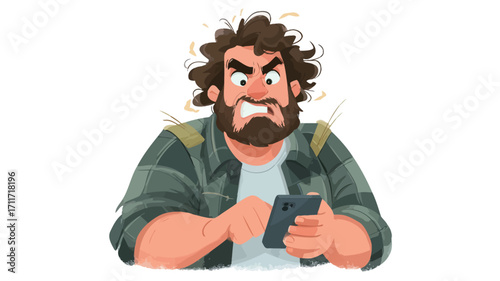 A digital illustration depicting a close-up of an angry man with a beard and brown, curly hair. He is holding a smartphone and has a very angry facial expression. The style is cartoonish, with
