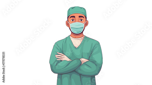 Digital illustration of a male surgeon wearing teal-colored surgical scrubs, a surgical cap, and a light blue face mask. His arms are crossed over his chest. The illustration style is flat