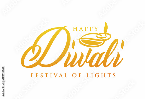 Glowing Happy Diwali 2025 typography vector illustration design with Diya lamp illustration in gold color effect. Best for greeting, social media, banner, prints. 
