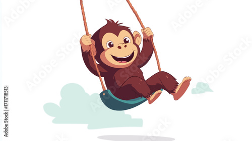 A digital illustration depicting a cartoon monkey with brown fur sitting on a teal swing set against a white background.  The monkey is smiling and has its arms outstretched, suggesting movement.